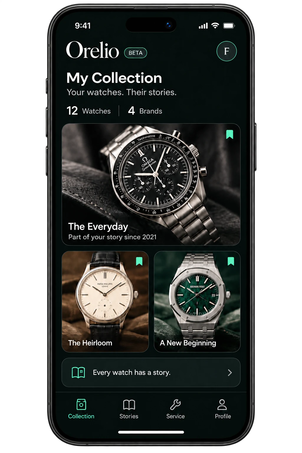 Front view of a black iPhone concept showing the Orelio watch collection app